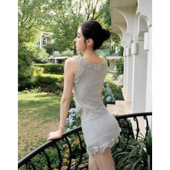 MeliMosa Lace Knit Sleeveless Vest And Skirt Set Gray