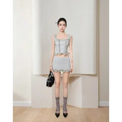 MeliMosa Lace Knit Sleeveless Vest And Skirt Set Gray
