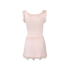 MeliMosa Lace Knit Sleeveless Vest And Skirt Set Pink