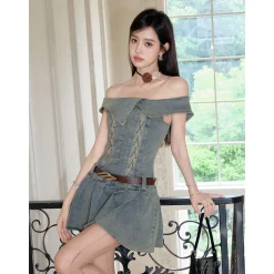 MeliMosa Off-Shoulder Denim Lace-Up Tube Top Dress