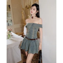 MeliMosa Off-Shoulder Denim Lace-Up Tube Top Dress