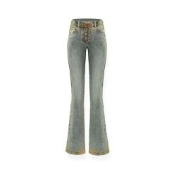 NAWS Distressed Lace-Up Leopard Pocket Flare Jeans