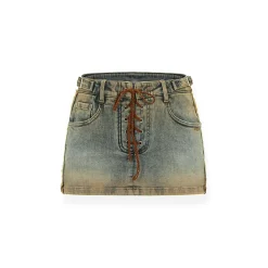NAWS Distressed Lace-Up Leopard Pocket Denim Skirt