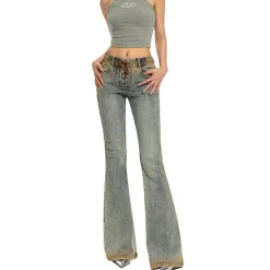 NAWS Distressed Lace-Up Leopard Pocket Flare Jeans