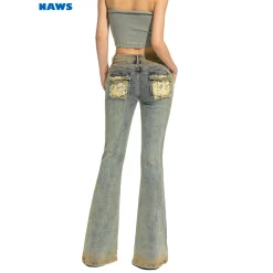 NAWS Distressed Lace-Up Leopard Pocket Flare Jeans