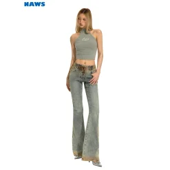NAWS Distressed Lace-Up Leopard Pocket Flare Jeans