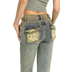NAWS Distressed Lace-Up Leopard Pocket Flare Jeans