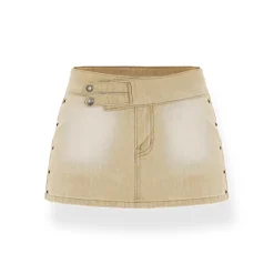 NAWS Distressed Washed A-Line Denim Skirt Khaki