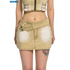 NAWS Distressed Washed A-Line Denim Skirt Khaki