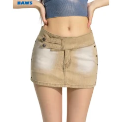 NAWS Distressed Washed A-Line Denim Skirt Khaki