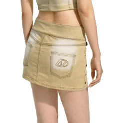 NAWS Distressed Washed A-Line Denim Skirt Khaki
