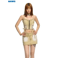 NAWS Distressed Washed A-Line Denim Skirt Khaki