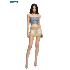 NAWS Distressed Washed A-Line Denim Skirt Khaki