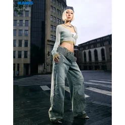 NAWS Distressed Washed Low-Rise Wide-Leg Jeans