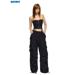 NAWS Drawstring Pocket Straight-Leg Cargo Pants Black