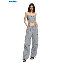 NAWS Drawstring Pocket Straight-Leg Cargo Pants Gray