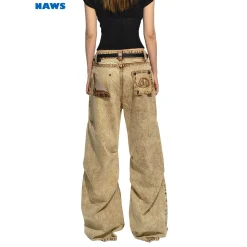 NAWS Heavy Washed Vintage Pleated Wide-Leg Jeans