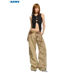 NAWS Heavy Washed Vintage Pleated Wide-Leg Jeans