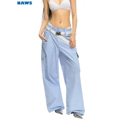NAWS Textured Low-Rise Cargo Pocket Relaxed Fit Pants Blue