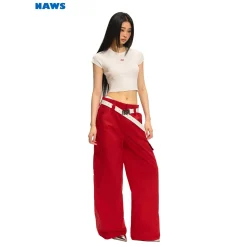 NAWS Textured Low-Rise Cargo Pocket Relaxed Fit Pants Red
