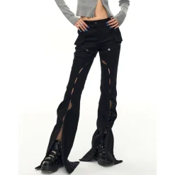 NotAwear Cargo Detachable Hollow Cutting Flare Jeans Black