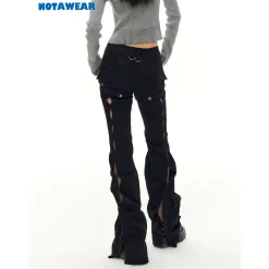 NotAwear Cargo Detachable Hollow Cutting Flare Jeans Black