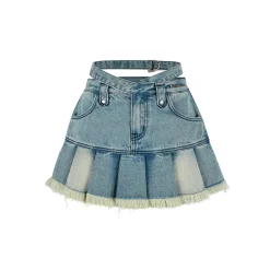 NotAwear Colo Blocked Hollow-Out Denim Pleated Skirt