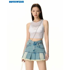 NotAwear Colo Blocked Hollow-Out Denim Pleated Skirt