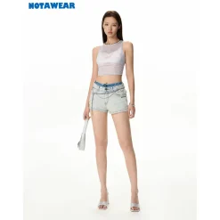 NotAwear Color Blocked Double Waist Denim Shorts
