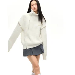 NotAwear Color Blocked Drawstring Zipper Knit Sweater White