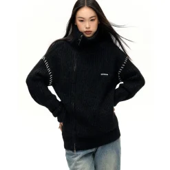 NotAwear Color Blocked Drawstring Zipper Knit Sweater Black