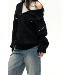 NotAwear Color Blocked Drawstring Zipper Knit Sweater Black