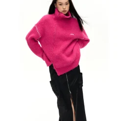 NotAwear Color Blocked Drawstring Zipper Knit Sweater Pink