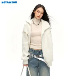NotAwear Color Blocked Drawstring Zipper Knit Sweater White