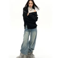 NotAwear Color Blocked Drawstring Zipper Knit Sweater Black