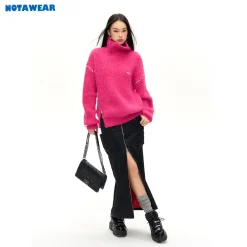 NotAwear Color Blocked Drawstring Zipper Knit Sweater Pink