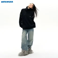 NotAwear Color Blocked Drawstring Zipper Knit Sweater Black