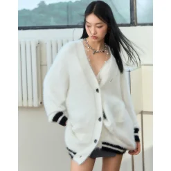 NotAwear Color Blocked Fluffy Faux Mink Cardigan White