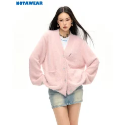 NotAwear Color Blocked Fluffy Faux Mink Cardigan Pink