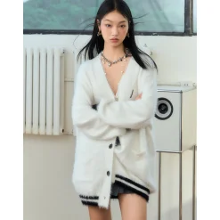 NotAwear Color Blocked Fluffy Faux Mink Cardigan White