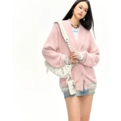 NotAwear Color Blocked Fluffy Faux Mink Cardigan Pink