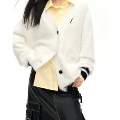 NotAwear Color Blocked Fluffy Faux Mink Cardigan White
