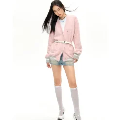 NotAwear Color Blocked Fluffy Faux Mink Cardigan Pink