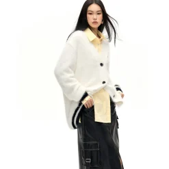 NotAwear Color Blocked Fluffy Faux Mink Cardigan White