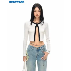 NotAwear Color Blocked Hollow Out Cardigan Top White