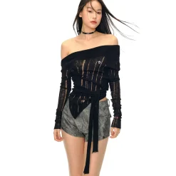 NotaWear Destroy Cutting Off-Shoulder Knit Sweater Black