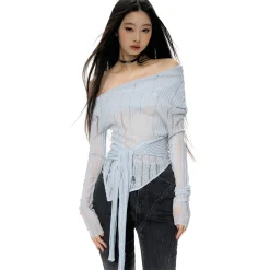NotaWear Destroy Cutting Off-Shoulder Knit Sweater Blue