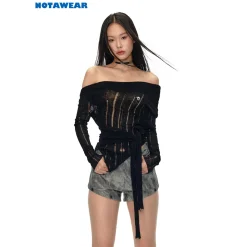 NotaWear Destroy Cutting Off-Shoulder Knit Sweater Black