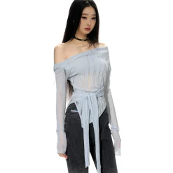 NotaWear Destroy Cutting Off-Shoulder Knit Sweater Blue