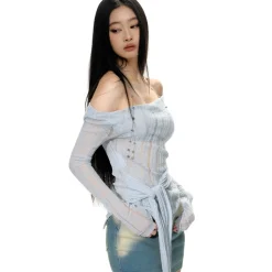 NotaWear Destroy Cutting Off-Shoulder Knit Sweater Blue
